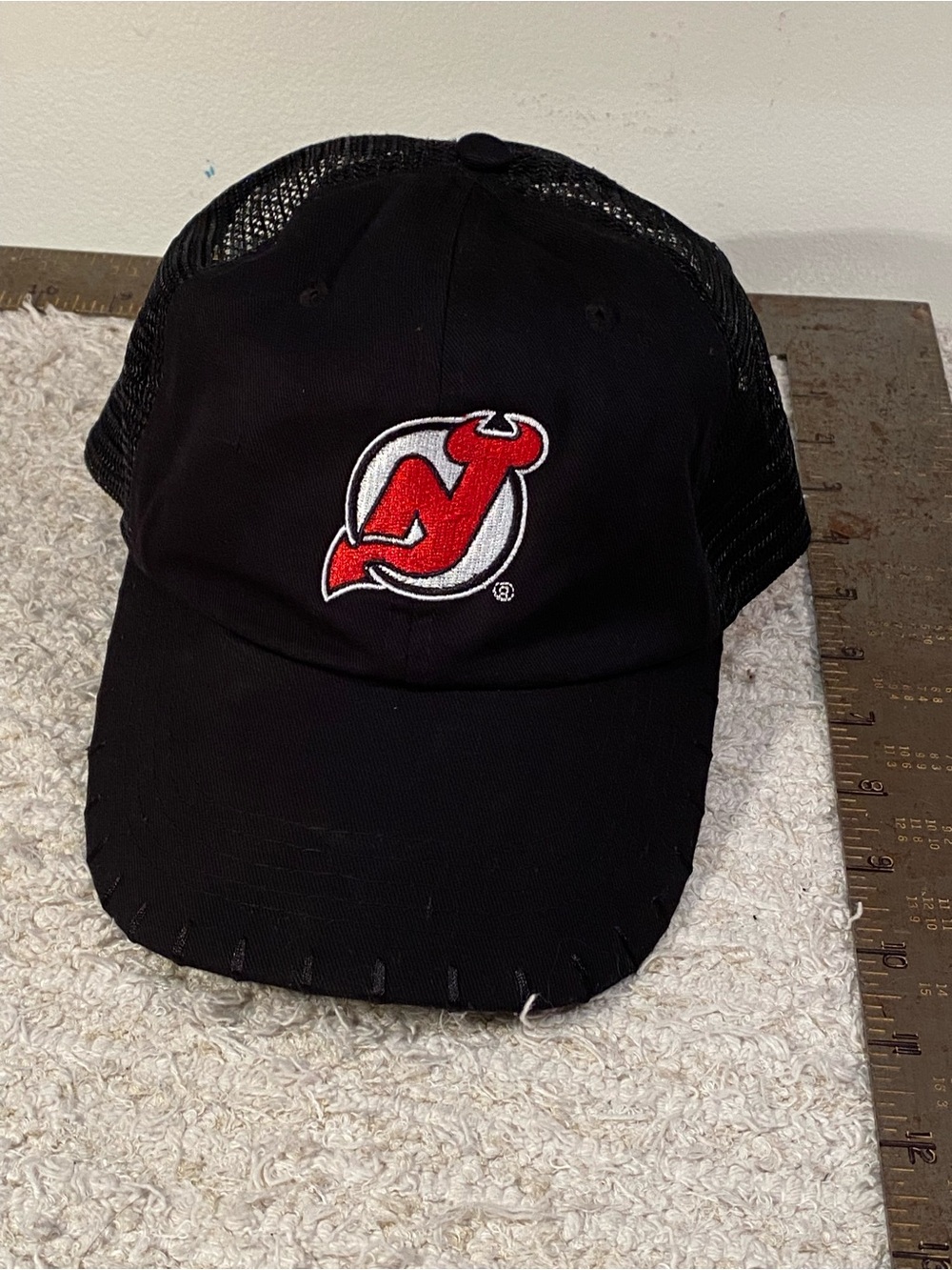 New Jersey Devils NHL Black Mesh Trucker Hat with Red & White Logo